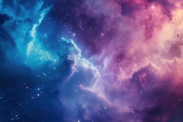 Fototapeta na wymiar A vibrant and celestial space scene showcasing a multitude of stars and billowing clouds, Hues of pink and blue forming a nebula cloud formation in space, AI Generated