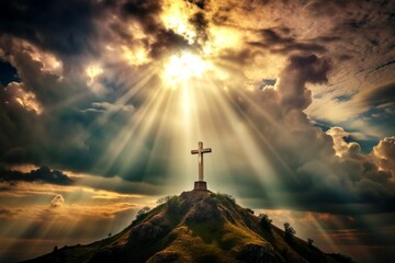 holy cross symbolizing the death and resurrection of Jesus Christ with The sky over Golgotha Hill is shrouded in light and clouds - 740932288