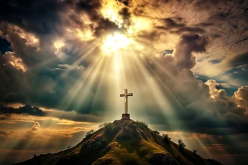 Foto op Canvas holy cross symbolizing the death and resurrection of Jesus Christ with The sky over Golgotha Hill is shrouded in light and clouds © Fernando Sanso