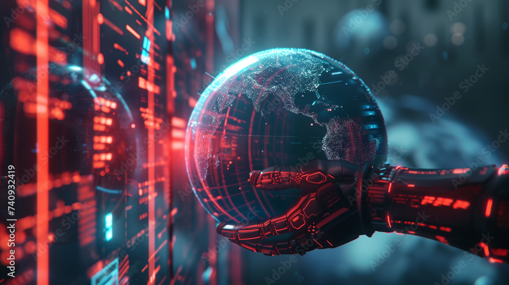 Poster a robotic hand interacts with a holographic display of the earth, symbolizing cutting-edge global da