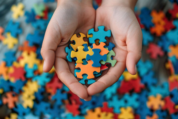 Hands hold colorful puzzle. Autism awareness, World Autism Awareness Day.