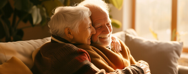 senior man and woman hugging and in love on the couch at home - obrazy, fototapety, plakaty