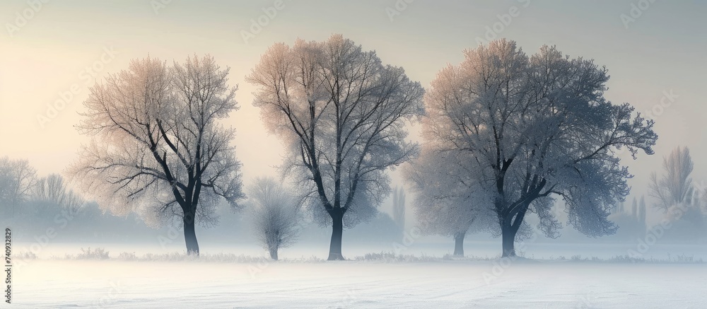 Poster a row of trees in a misty field on a foggy day creates a mysterious atmosphere, blending with the cl