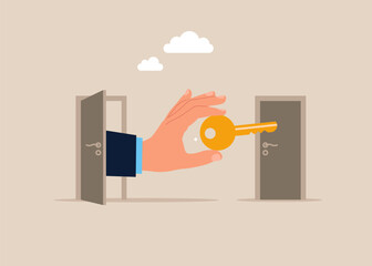 Hand holding big key between an open door and a closed. Business and management. Way to success. Taking chances. Flat vector illustration