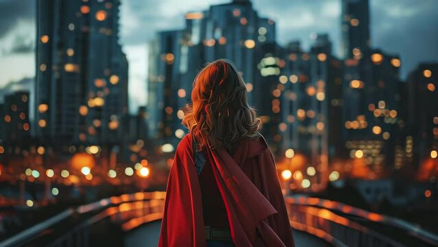 A young woman in a red raincoat and a red cape on the background of the night city.
