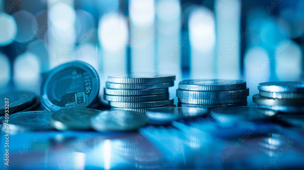 Poster stacks of coins with a backdrop of glowing blue digital graphs and circuitry, symbolizing the inters