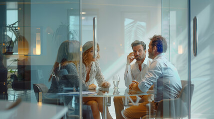 Two professionals are engaged in a focused conversation at a table in a modern office environment, with reflections and foliage adding depth to the scene.