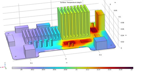 Computer 3d modeling of the temperature distribution  on the surface of the printed circuit board of an electronic device and its components.  Thermal analysis. © TKalinovskaya