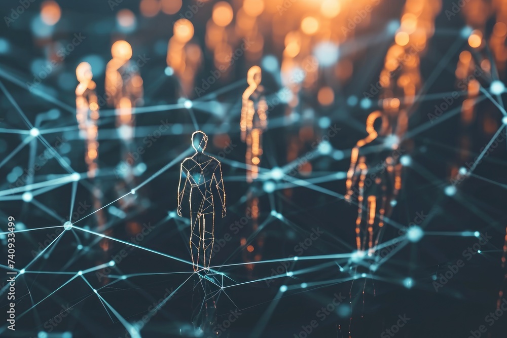Poster a person confidently stands in front of an intricate network of interconnected lines, representing a