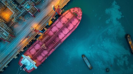 An aerial view of a large red cargo ship docked next to an industrial oil and gas tank storage complex.
