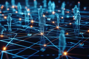 A diverse group of individuals stand atop a large network, connecting and collaborating, Human figures using blockchain for their daily transactions, AI Generated - obrazy, fototapety, plakaty