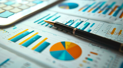 detailed financial report with colorful pie charts, bar graphs, and data analysis with a pen pointing to a specific area of the chart.