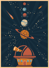 retro poster with an observatory and planets