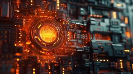 Fototapeta premium A conceptual 3D image of a digital lock mechanism, symbolizing cybersecurity, with intricate details and space for text on the side. 8k