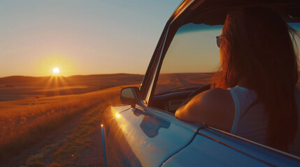Hatchback Car travel driving road trip of woman summer vacation in blue car at sunset,Girls happy traveling enjoy holidays and relaxation with friends together get the atmosphere and go to destination