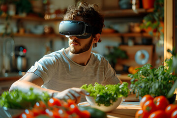 Young man in VR glasses preparing salad in the kitchen - obrazy, fototapety, plakaty