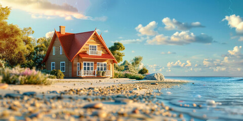 Beautiful cottage on the seashore on a sunny summer day - obrazy, fototapety, plakaty