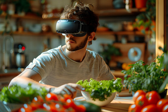 Young man in VR glasses preparing salad in the kitchen