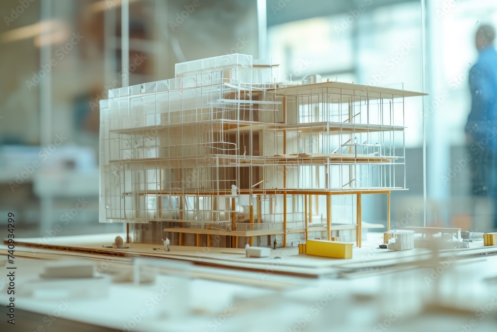 Poster scale model of empire state building in glass display case, hybrid view of an architectural model of