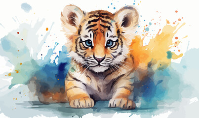 Watercolor illustration tiger cub lion cub stains splashes, children's cute cartoon room decor, photo wallpaper, print, poster, wall painting - obrazy, fototapety, plakaty