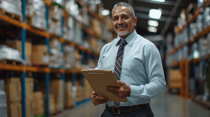 A mature man in a light blue shirt and striped tie holds a clipboard and smiles confidently in a warehouse setting.