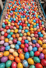 Fototapeta na wymiar a factory conveyor belt with brightly painted multi-colored Easter eggs