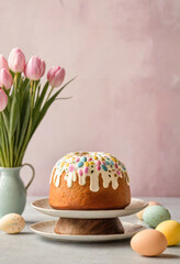 Easter cake Kulich and patterned colorful easter eggs