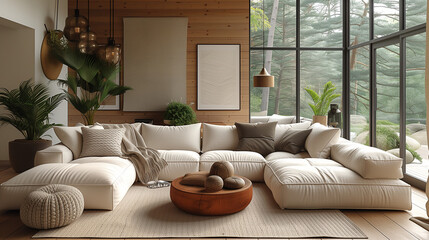 Contemporary Chic Living Room with Modular Beige Sofa, Wooden Accents, and Forest View Through Floor-to-Ceiling Windows