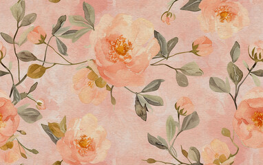 vintage floral pattern on peach color background with watercolor texture