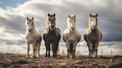 Four Colorful Horses Standing Together on a Beautiful Cloudy Day with Stormy Sky in Background