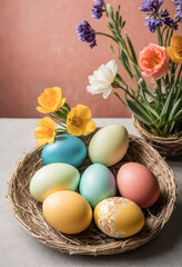 Colorful Easter eggs in a basket on a table, beautiful flowers, minimalistic style, on a simple background