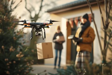 Smart package Drone Delivery delivery network. Box shipping parcel delivery effectiveness parcel aerial mobility transportation. Logistic tech ai solutions mobility mobility startups