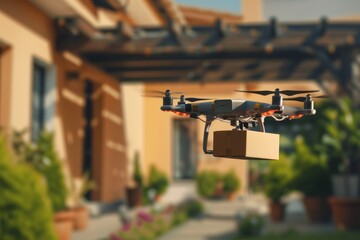Smart package Drone Delivery parcel route. Box shipping flexibility in drone logistic parcel beverage box transportation. Logistic tech ai regulation mobility next day drone delivery