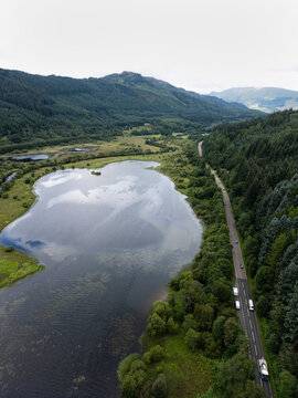 Aerial view of Loch Lubnaig from Runacraig, Callander. Scotland highlands. Mobile home