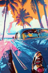 Abstract Retro Vintage Classic Car Poster / Wallpaper - Tropical Paradise Beach Travel Theme