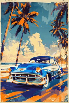 Abstract Retro Vintage Blue Classic Car Poster / Wallpaper - Tropical Paradise Beach Travel Theme