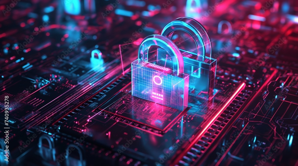 Poster a conceptual 3d image of a digital lock mechanism, symbolizing cybersecurity