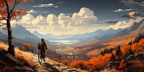 boy on a bicycle looking at the autumn view, digital art style, illustration painting - obrazy, fototapety, plakaty