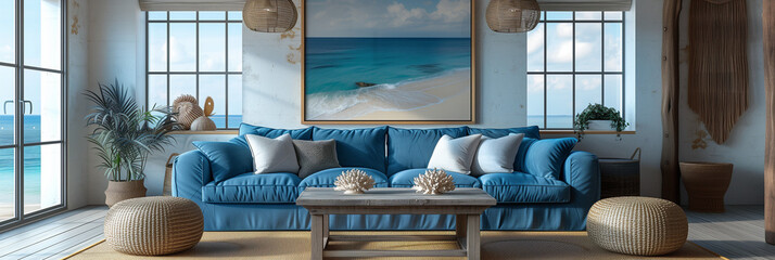 Obraz na płótnie Canvas Tranquil Seaside Escape: Coastal-Inspired Living Room with Ocean View