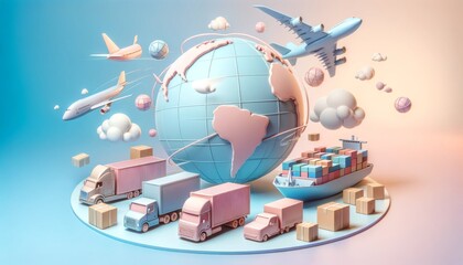 Soft pastel 3D illustration of global logistics with a plane, ship, and trucks around a globe.
