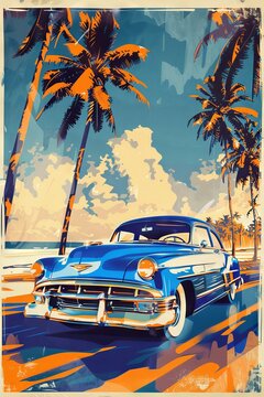 Abstract Retro Vintage Blue Classic Car Poster / Wallpaper - Tropical Paradise Beach Travel Theme