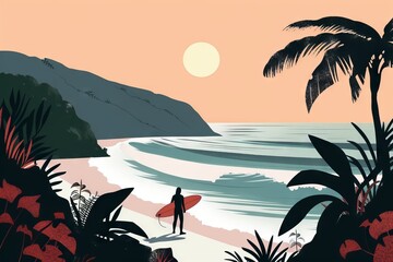 Retro Vintage Surf Poster / Wallpaper - Tropical Paradise Beach Travel Theme