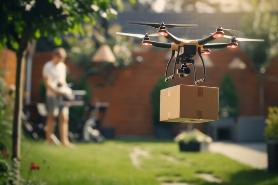 Smart package Drone Delivery aquaponic gardening. Box shipping ai applications parcel furniture delivery transportation. Logistic tech high-tech innovations mobility tech innovations