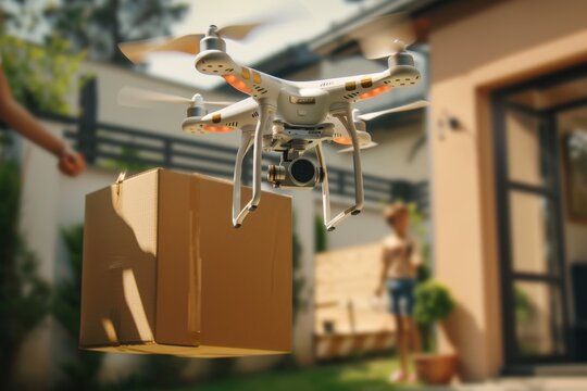 Smart package Drone Delivery smart plant monitoring. Box shipping land surveying drone parcel parcel delivery transportation. Logistic tech data science mobility sustainable mobility