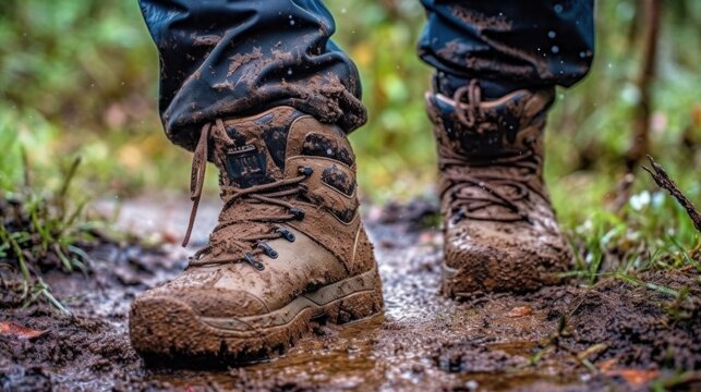 Pair of brown hiking boots. Hikers muddy boots on forest trail
