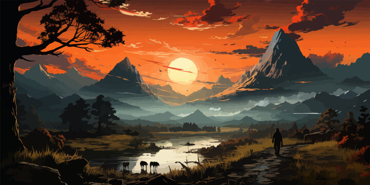 beautiful scenery showing a man riding a horse against a stunning landscape, digital art style, illustration painting