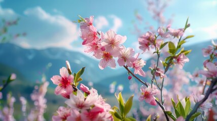 Tree with pink flowers in spring Park. Cornus florida flowering dogwood on blue sky background. Spring flowering tree close-up. 
