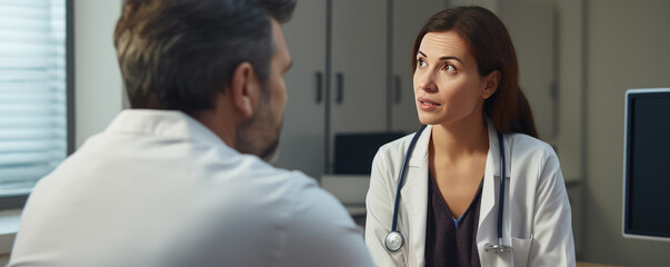 Obraz premium Doctor talking to woman patient at hospital clinic.