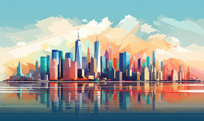 New York City skyline, background landscape colorful minimal vector - - obrazy, fototapety, plakaty