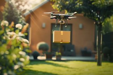Smart package Drone Delivery freight optimization. Parcel parcel delivery center box construction site mapping drone shipping. Logistic advanced technology mobility aerial ridesharing - obrazy, fototapety, plakaty